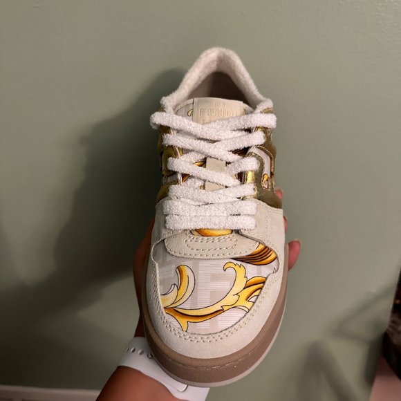 Fendace Fendi Versace Match Suede Sneakers Chunky Skate White Gold Size 37 Women - Picture 3 of 15